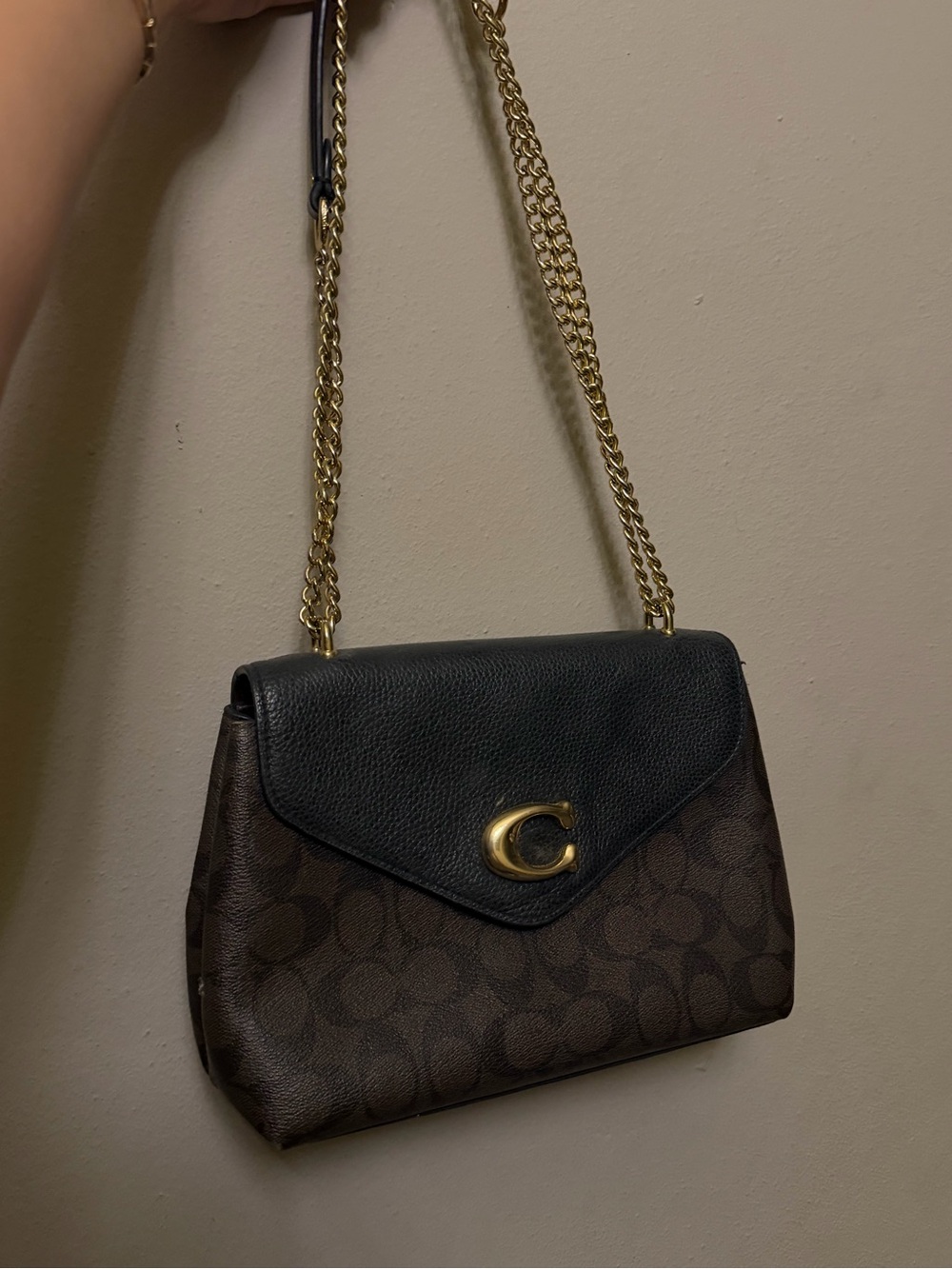 Coach Brown Signature Canvas Shoulder Bag with Black Flap and Gold Chain
